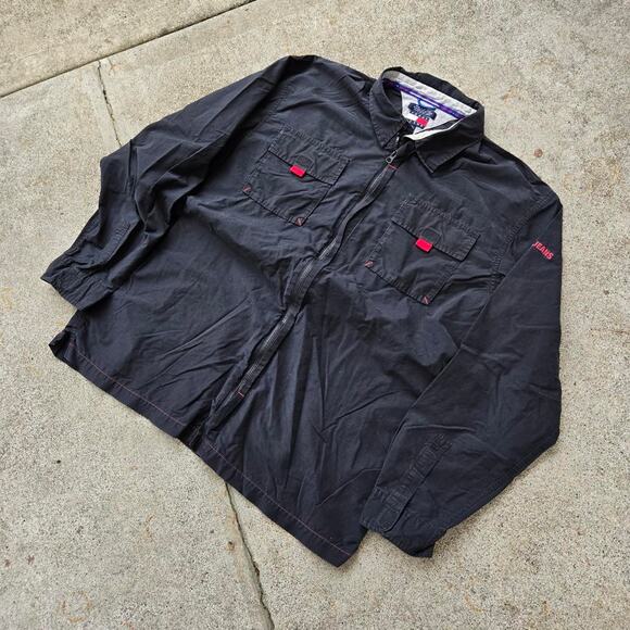 Vtg 90s TOMMY HILFIGER Tommy Jeans Embroidered Logo Colorblock Zip Up Shirt XL - Picture 2 of 7